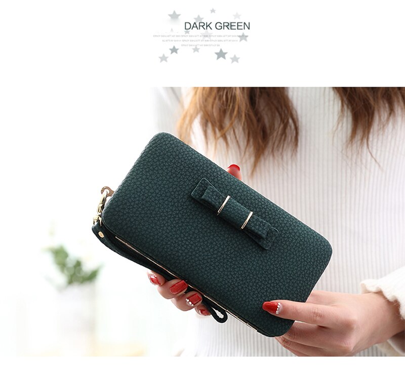 Bow Element Women Wallets With Cell Phone Pocket Card Holder Matte Leather Female Purse Wristband Ladies Wallet Clutch Handbag