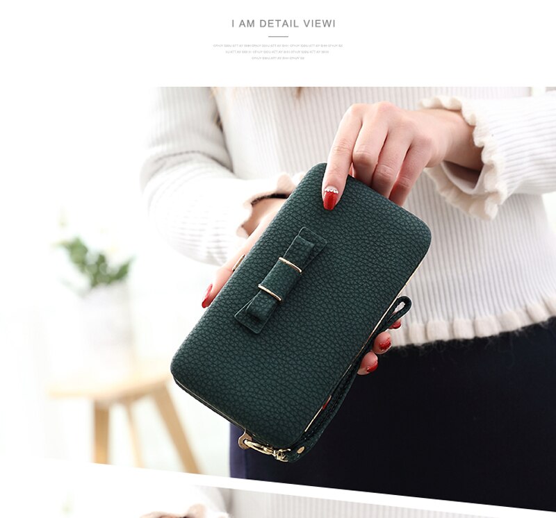 Bow Element Women Wallets With Cell Phone Pocket Card Holder Matte Leather Female Purse Wristband Ladies Wallet Clutch Handbag