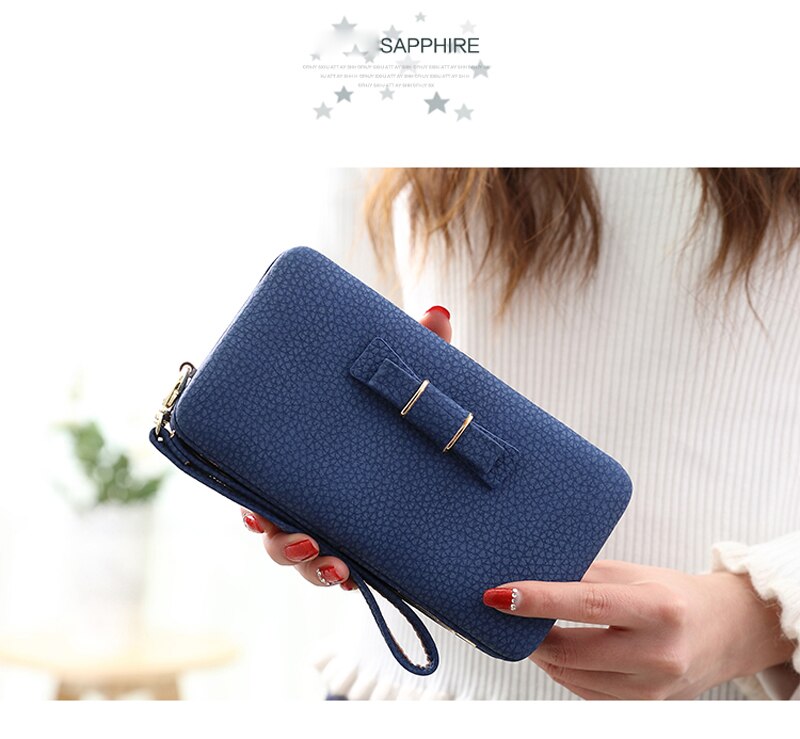 Bow Element Women Wallets With Cell Phone Pocket Card Holder Matte Leather Female Purse Wristband Ladies Wallet Clutch Handbag