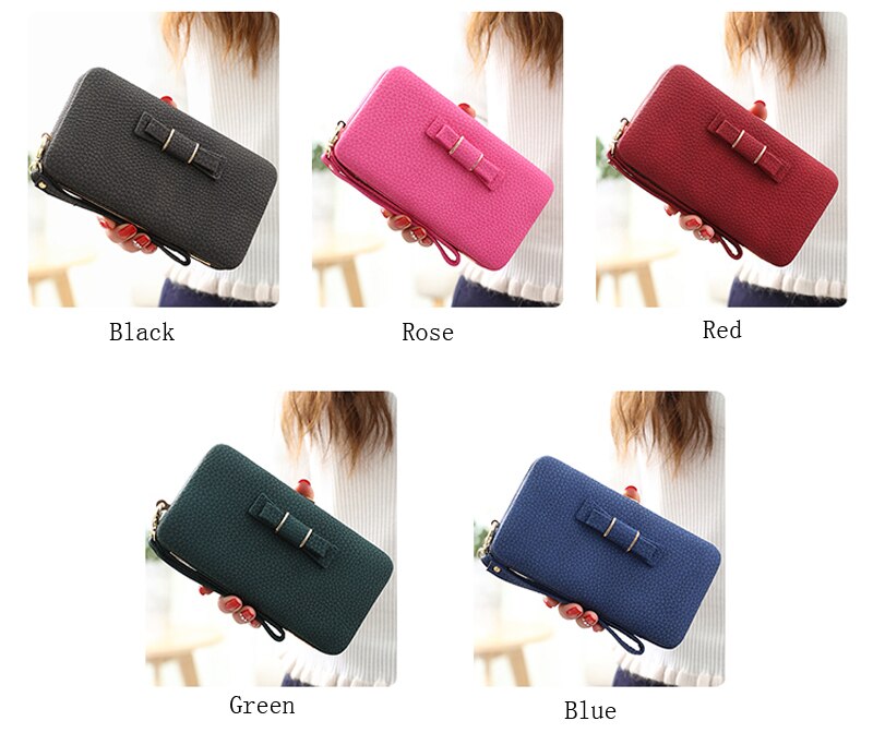 Bow Element Women Wallets With Cell Phone Pocket Card Holder Matte Leather Female Purse Wristband Ladies Wallet Clutch Handbag