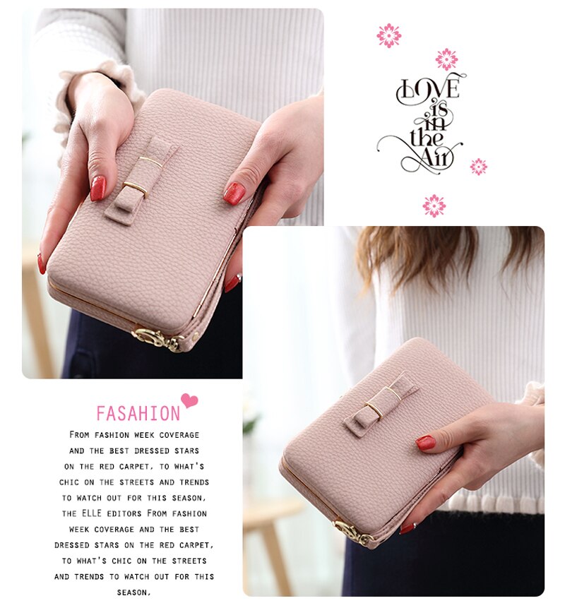 Bow Element Women Wallets With Cell Phone Pocket Card Holder Matte Leather Female Purse Wristband Ladies Wallet Clutch Handbag