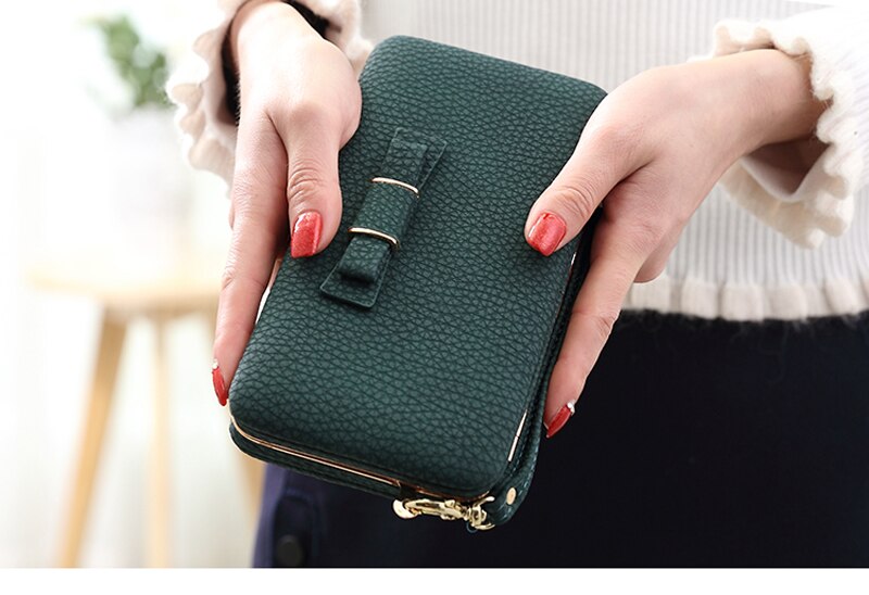 Bow Element Women Wallets With Cell Phone Pocket Card Holder Matte Leather Female Purse Wristband Ladies Wallet Clutch Handbag