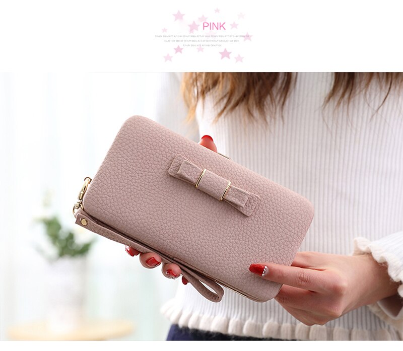 Bow Element Women Wallets With Cell Phone Pocket Card Holder Matte Leather Female Purse Wristband Ladies Wallet Clutch Handbag