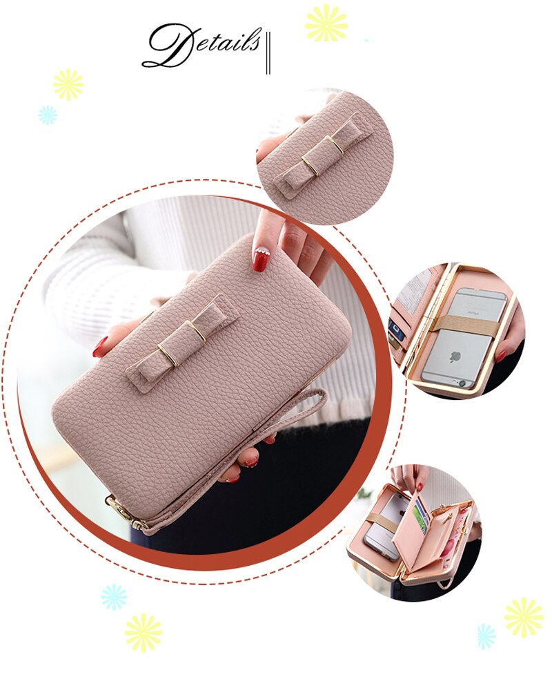 Bow Element Women Wallets With Cell Phone Pocket Card Holder Matte Leather Female Purse Wristband Ladies Wallet Clutch Handbag