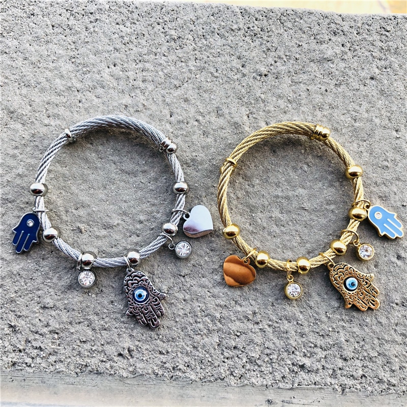 Lucky Fatima Hand Evil Eye Heart Adjustable Bracelets For Women High Quality Stainless Steel Jewelry