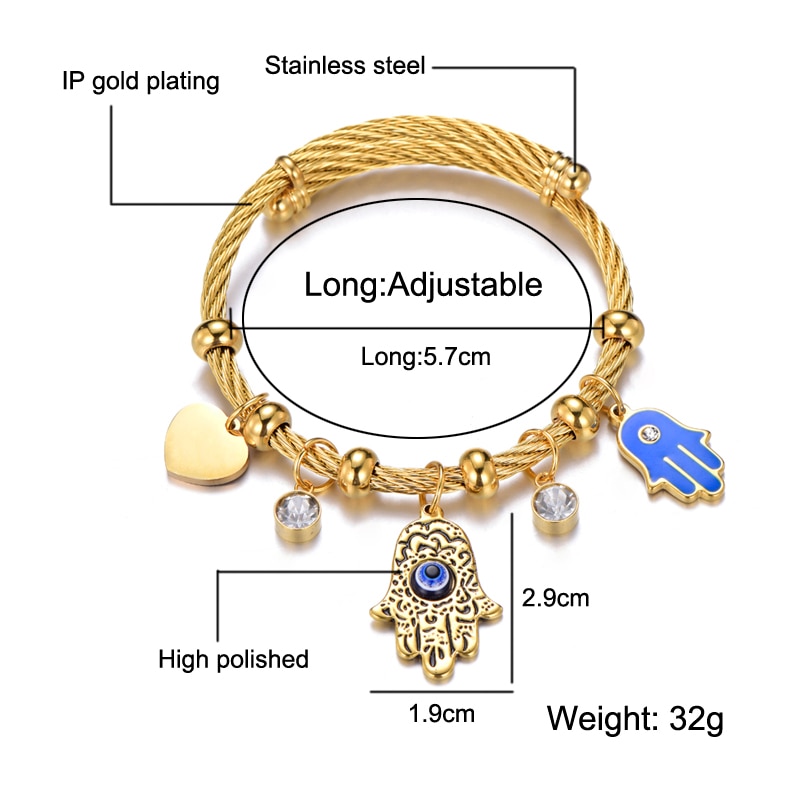 Lucky Fatima Hand Evil Eye Heart Adjustable Bracelets For Women High Quality Stainless Steel Jewelry