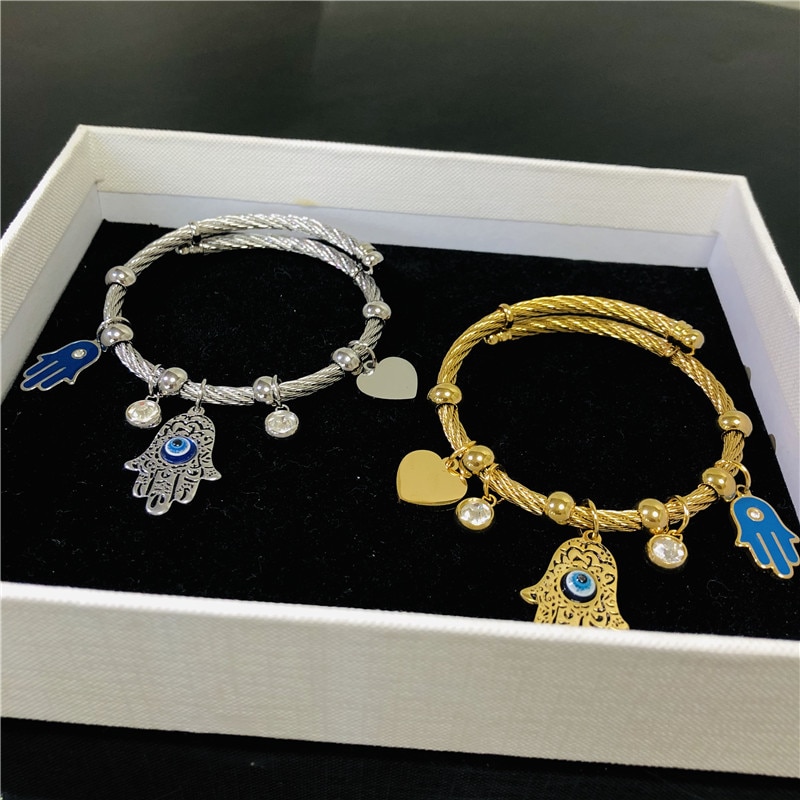 Lucky Fatima Hand Evil Eye Heart Adjustable Bracelets For Women High Quality Stainless Steel Jewelry