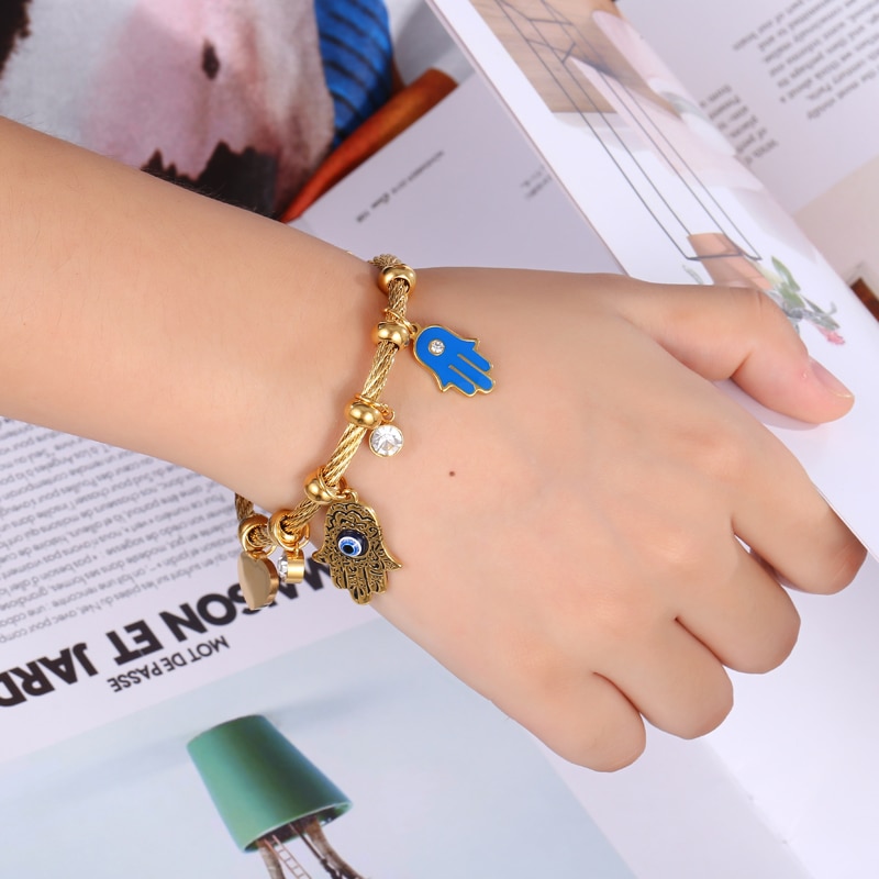 Lucky Fatima Hand Evil Eye Heart Adjustable Bracelets For Women High Quality Stainless Steel Jewelry