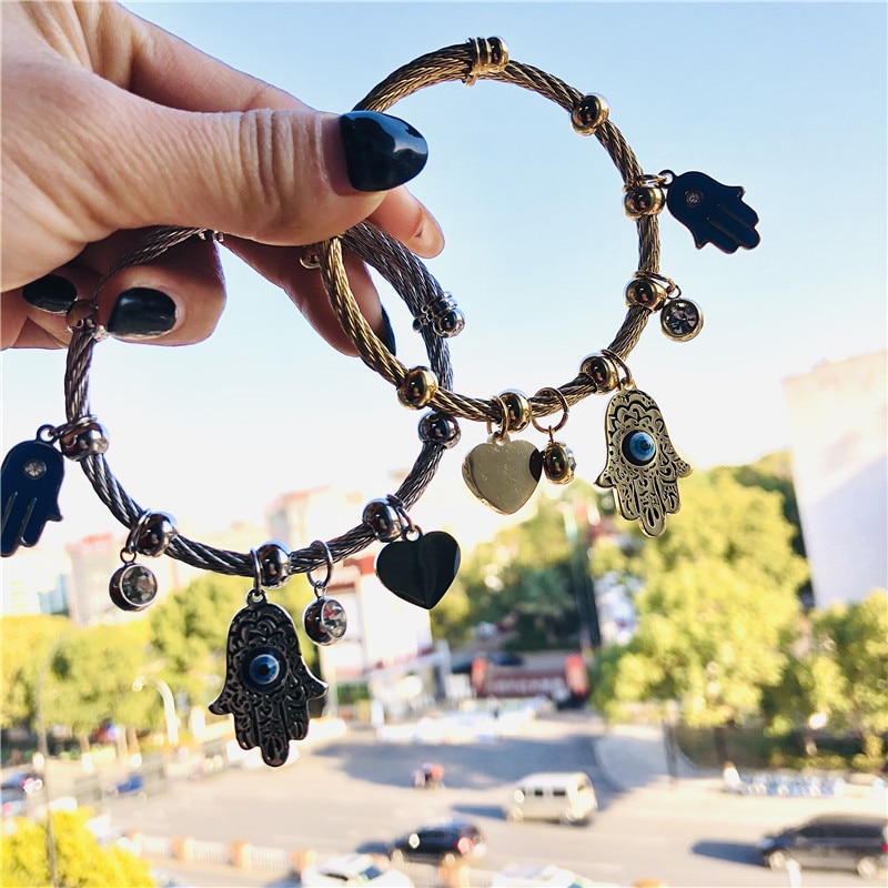 Lucky Fatima Hand Evil Eye Heart Adjustable Bracelets For Women High Quality Stainless Steel Jewelry