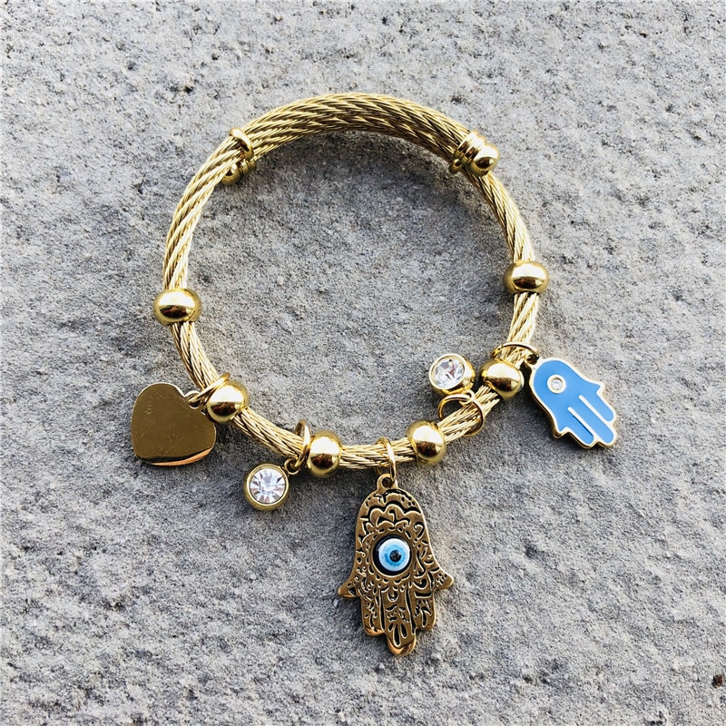 Lucky Fatima Hand Evil Eye Heart Adjustable Bracelets For Women High Quality Stainless Steel Jewelry