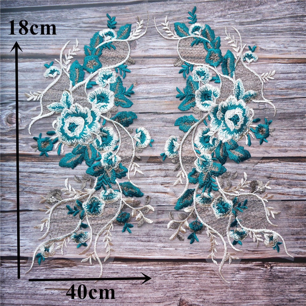 2PCS Green Lace Fabric Embroidered Flower Gown Appliques Trims Classic Collar Mesh Sew Patches For Wedding Decoration Dress DIY