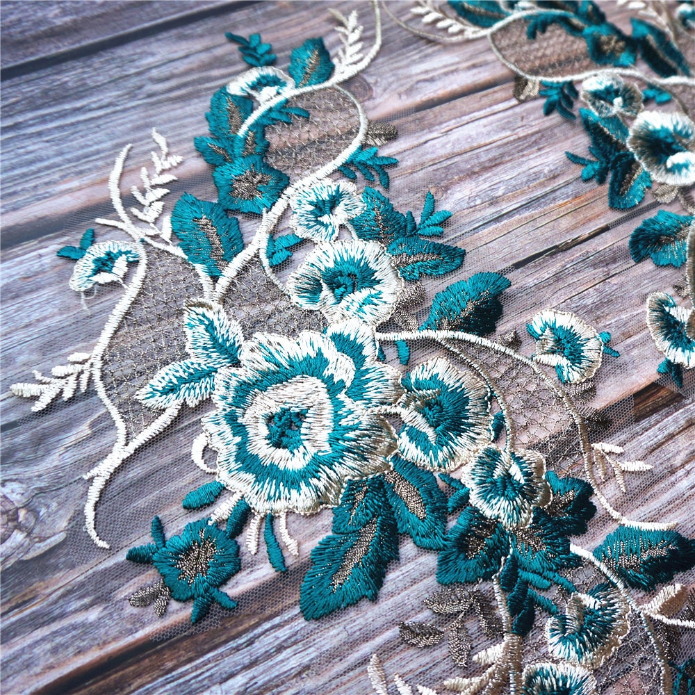 2PCS Green Lace Fabric Embroidered Flower Gown Appliques Trims Classic Collar Mesh Sew Patches For Wedding Decoration Dress DIY
