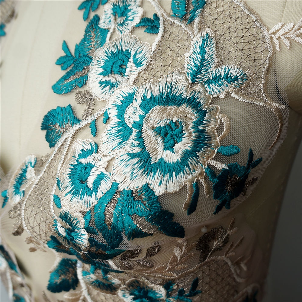 2PCS Green Lace Fabric Embroidered Flower Gown Appliques Trims Classic Collar Mesh Sew Patches For Wedding Decoration Dress DIY
