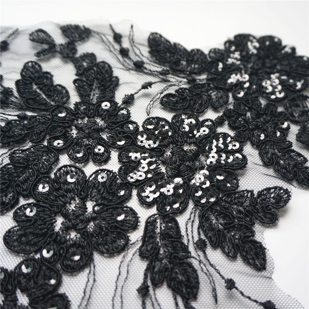2PCS Black Sequin Flower Tassel Wedding Gown Appliques Lace Fabric Embroidered Trims Collar Mesh Sew Patch For Dress DIY Decor