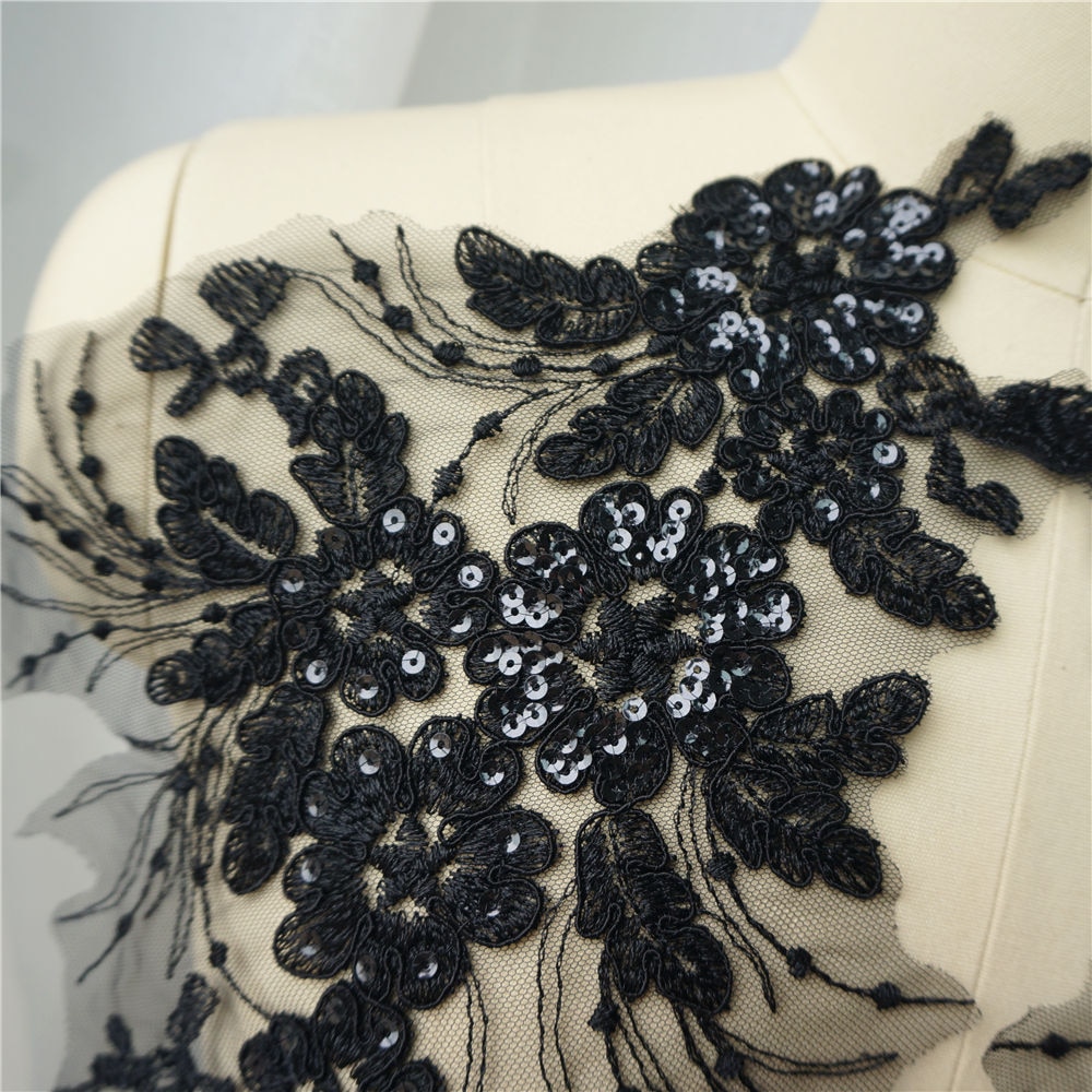 2PCS Black Sequin Flower Tassel Wedding Gown Appliques Lace Fabric Embroidered Trims Collar Mesh Sew Patch For Dress DIY Decor