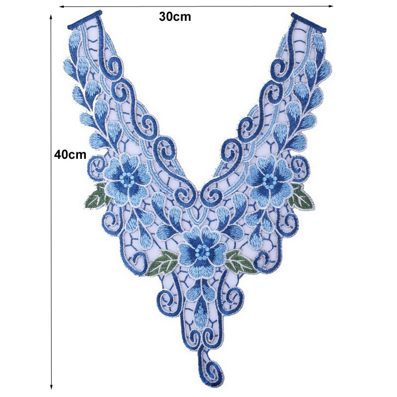 1Pc Embroidered Blue Lace Fabric Neckline Collar Applique Embroidery Sewing on Patches Sewing Fabric DIY Accessories