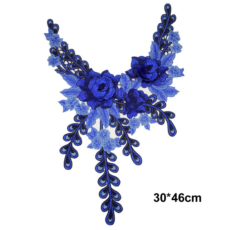 1Pc Embroidered Blue Lace Fabric Neckline Collar Applique Embroidery Sewing on Patches Sewing Fabric DIY Accessories