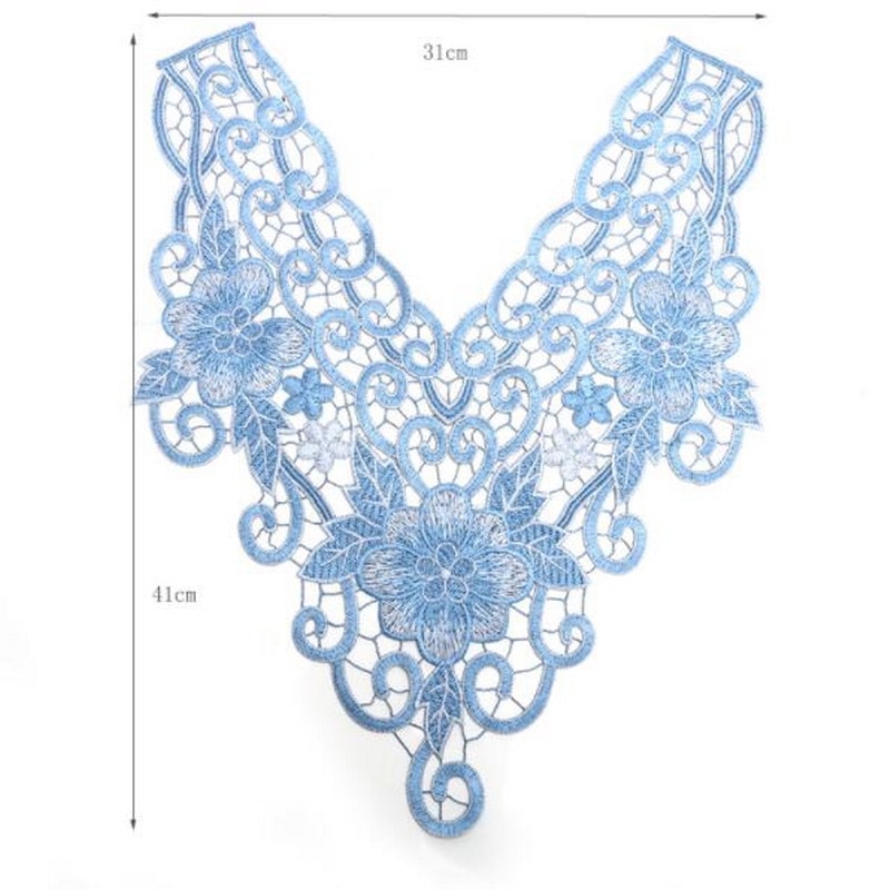 1Pc Embroidered Blue Lace Fabric Neckline Collar Applique Embroidery Sewing on Patches Sewing Fabric DIY Accessories