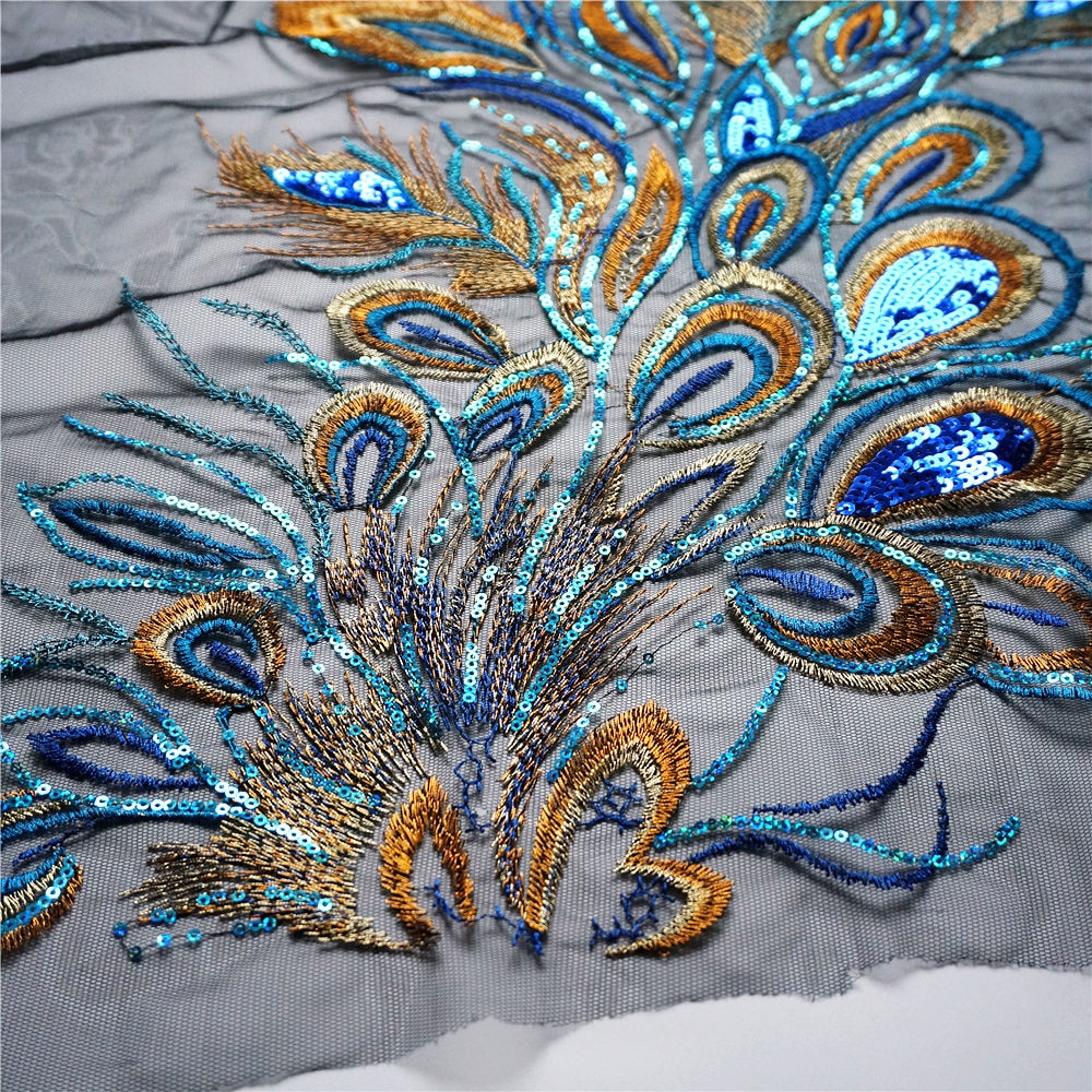 Red Blue Sequin Embroidered Phoenix Peacock Feather Black Mesh Wedding Gown Applique Lace Trim Sewing Patch Dress DIY