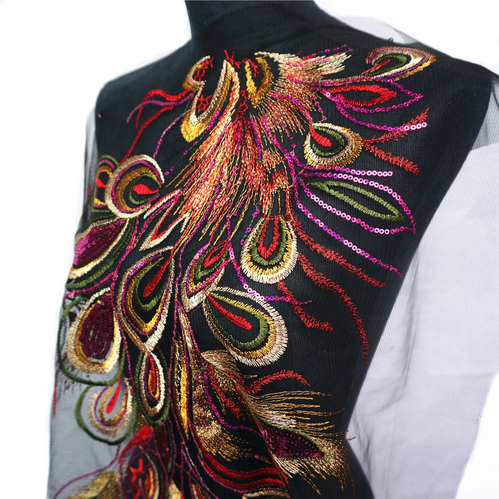 Red Blue Sequin Embroidered Phoenix Peacock Feather Black Mesh Wedding Gown Applique Lace Trim Sewing Patch Dress DIY