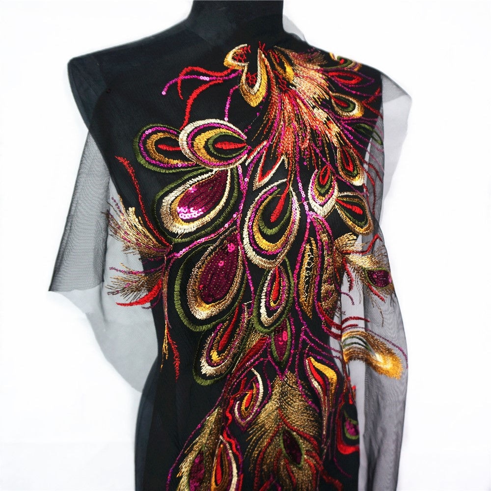 Red Blue Sequin Embroidered Phoenix Peacock Feather Black Mesh Wedding Gown Applique Lace Trim Sewing Patch Dress DIY