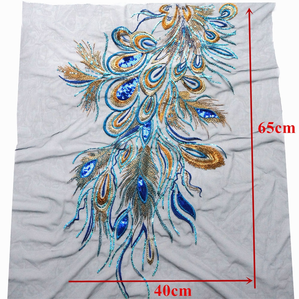 Red Blue Sequin Embroidered Phoenix Peacock Feather Black Mesh Wedding Gown Applique Lace Trim Sewing Patch Dress DIY