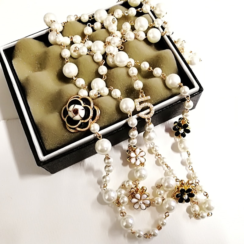 Simulated Pearl Necklace For Women No.5 Double Layer  pendant  long necklace Party  jewelry