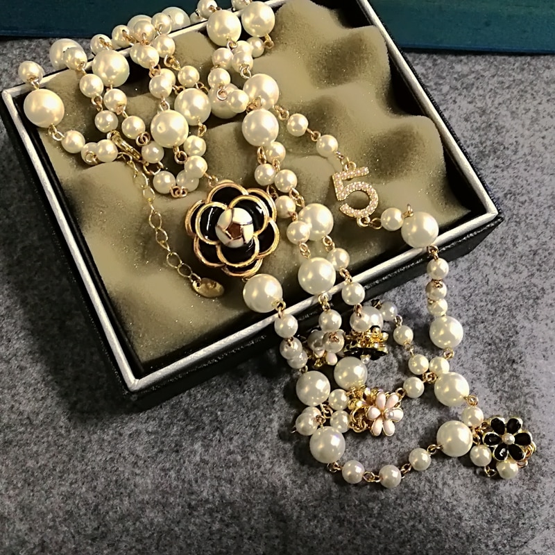 Simulated Pearl Necklace For Women No.5 Double Layer  pendant  long necklace Party  jewelry