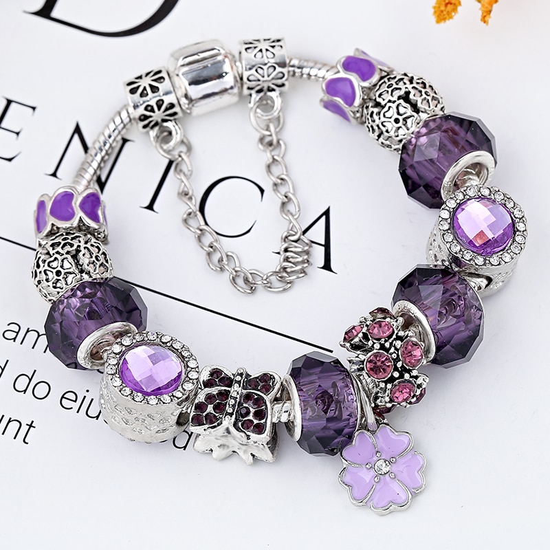 Purple Charm Bracelet with Purple Crystal Beads and Butterfly Pendant Bracelet for Women's Gifts