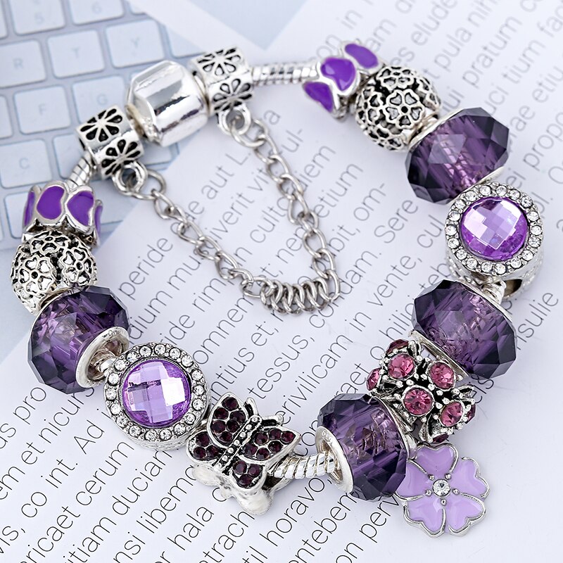 Purple Charm Bracelet with Purple Crystal Beads and Butterfly Pendant Bracelet for Women's Gifts