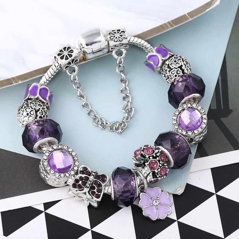 Purple Charm Bracelet with Purple Crystal Beads and Butterfly Pendant Bracelet for Women's Gifts