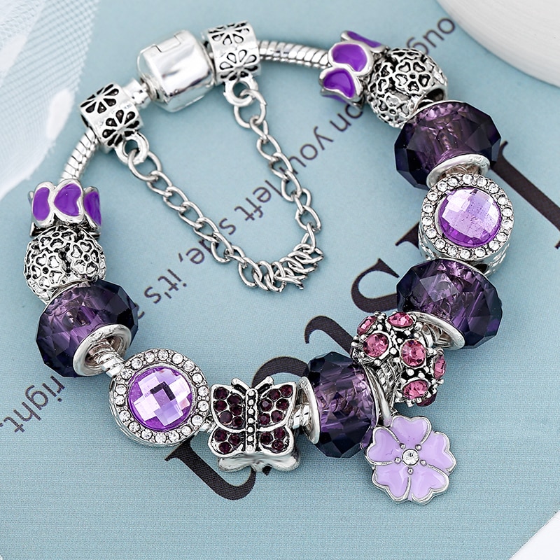 Purple Charm Bracelet with Purple Crystal Beads and Butterfly Pendant Bracelet for Women's Gifts