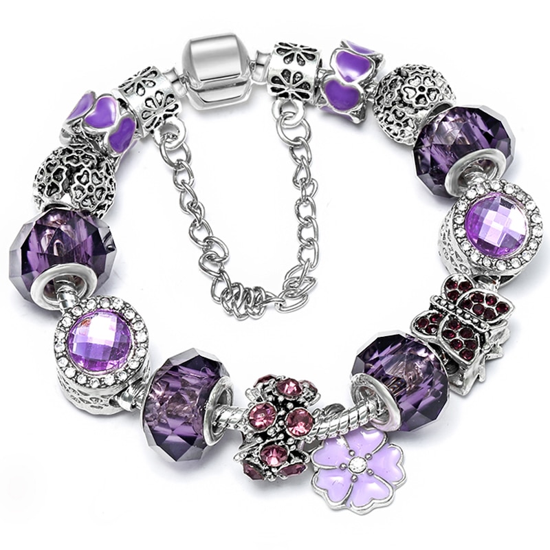 Purple Charm Bracelet with Purple Crystal Beads and Butterfly Pendant Bracelet for Women's Gifts