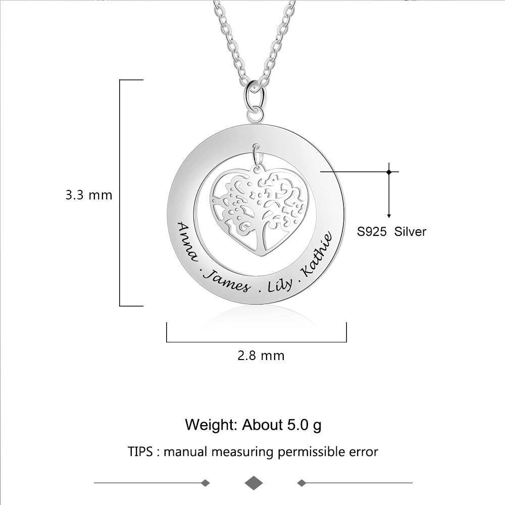 Personalized Gift 925 Sterling Silver Necklaces & Pendants Tree of Life Round Engrave Name Necklaces for Family (Lam Hub Fong)