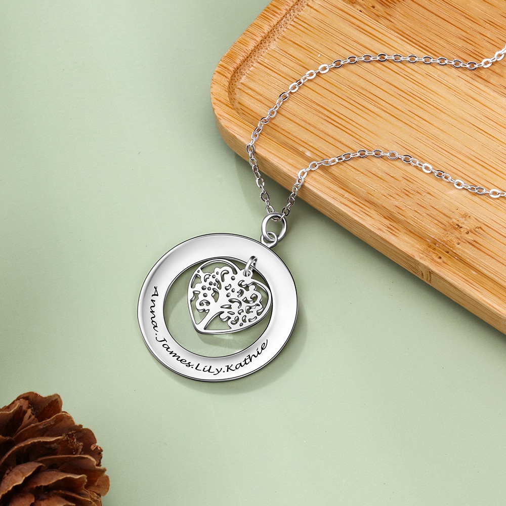 Personalized Gift 925 Sterling Silver Necklaces & Pendants Tree of Life Round Engrave Name Necklaces for Family (Lam Hub Fong)