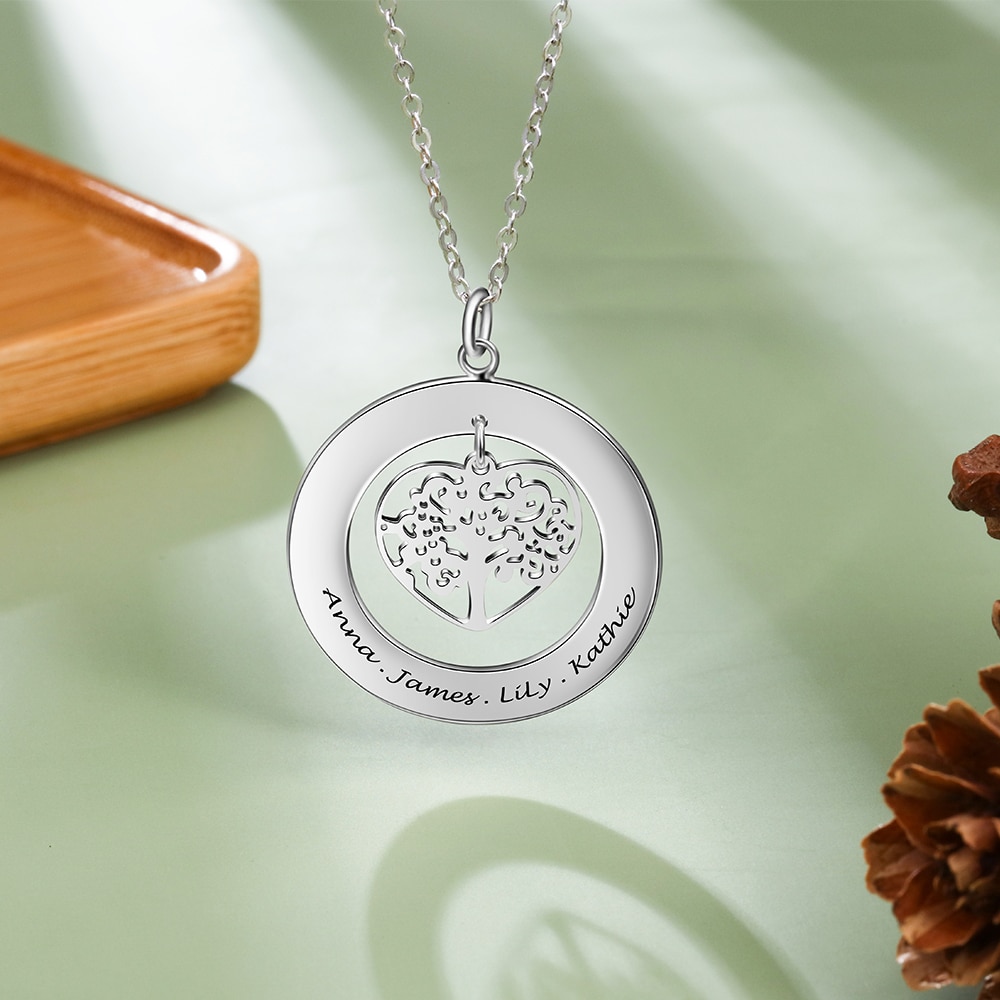 Personalized Gift 925 Sterling Silver Necklaces & Pendants Tree of Life Round Engrave Name Necklaces for Family (Lam Hub Fong)