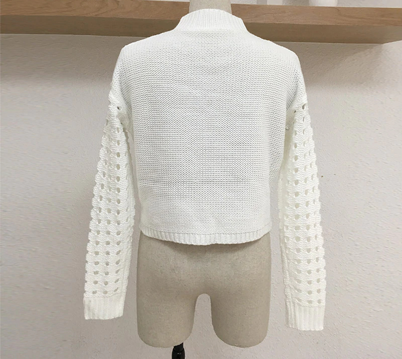 Elegant High Neck PomPom Knitted Sweater Women Long Sleeve Cropped Sweater Autumn Winter Short Slim Pullover White Jumper