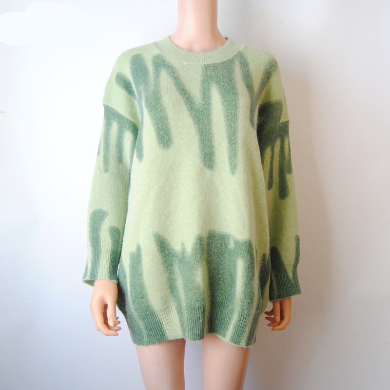 Elegant Green Striped Print Oversized Pullovers Women Winter O-Neck Loose Long Sweaters Streetwear Warm Outerwear 2021