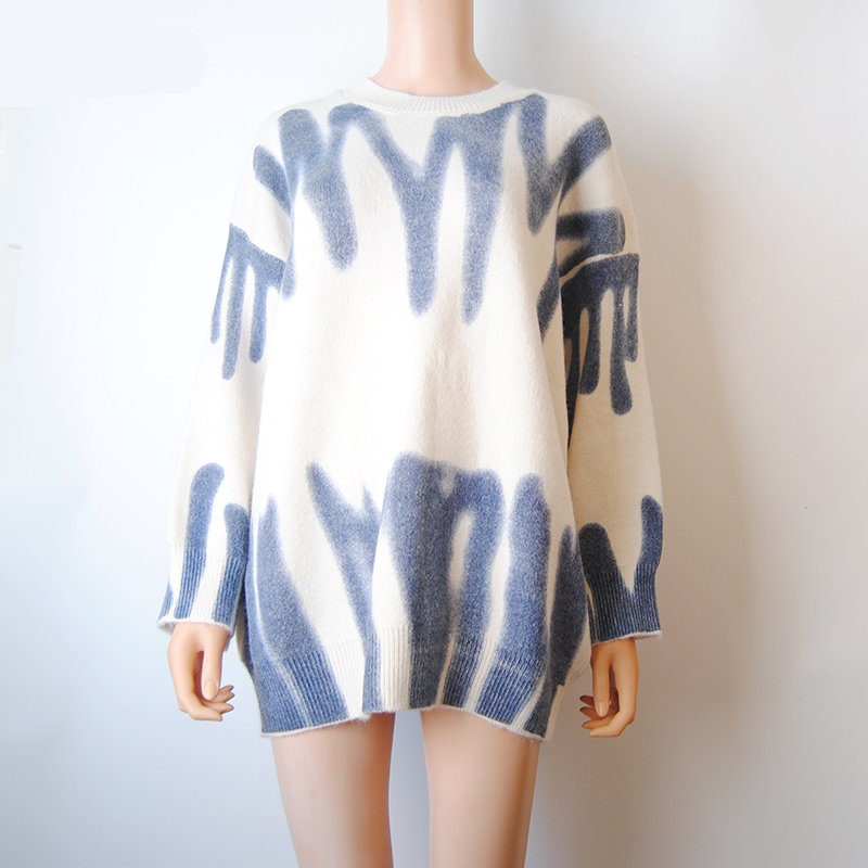 Elegant Green Striped Print Oversized Pullovers Women Winter O-Neck Loose Long Sweaters Streetwear Warm Outerwear 2021