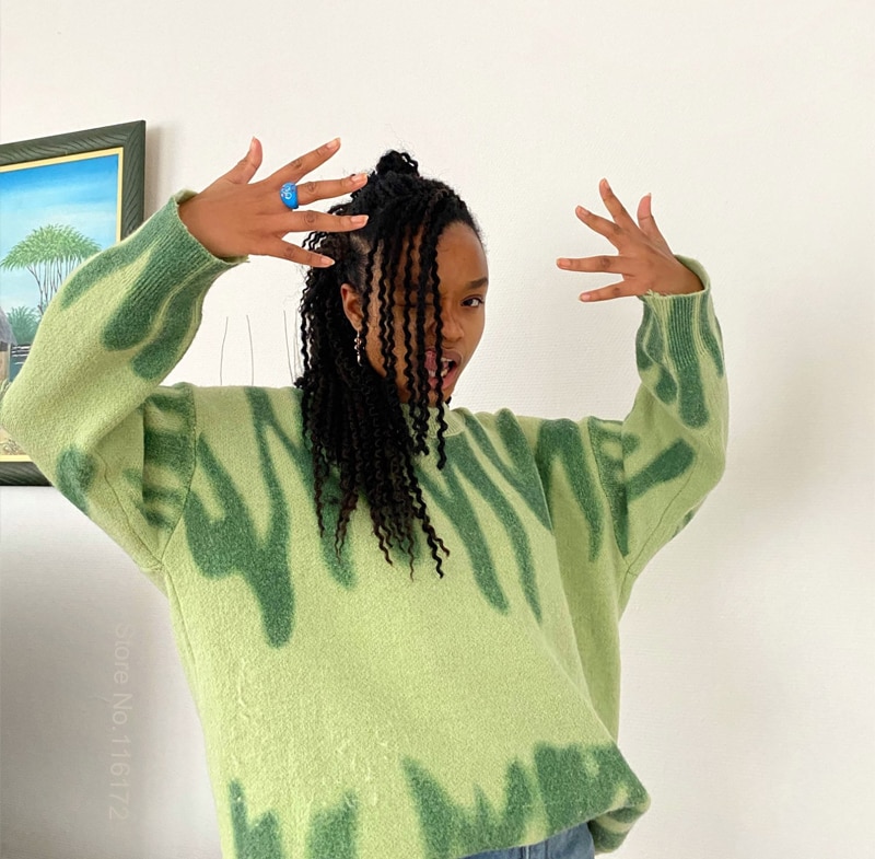 Elegant Green Striped Print Oversized Pullovers Women Winter O-Neck Loose Long Sweaters Streetwear Warm Outerwear 2021