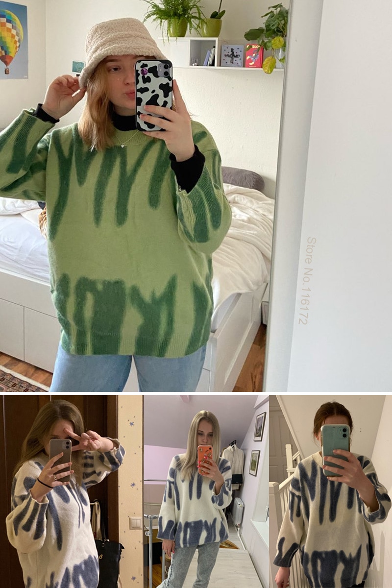 Elegant Green Striped Print Oversized Pullovers Women Winter O-Neck Loose Long Sweaters Streetwear Warm Outerwear 2021
