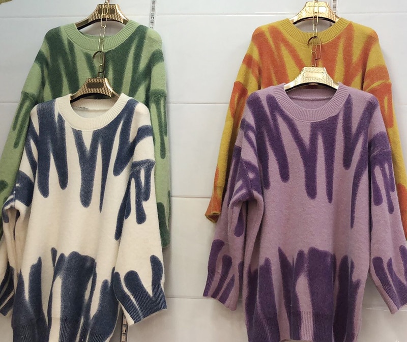 Elegant Green Striped Print Oversized Pullovers Women Winter O-Neck Loose Long Sweaters Streetwear Warm Outerwear 2021