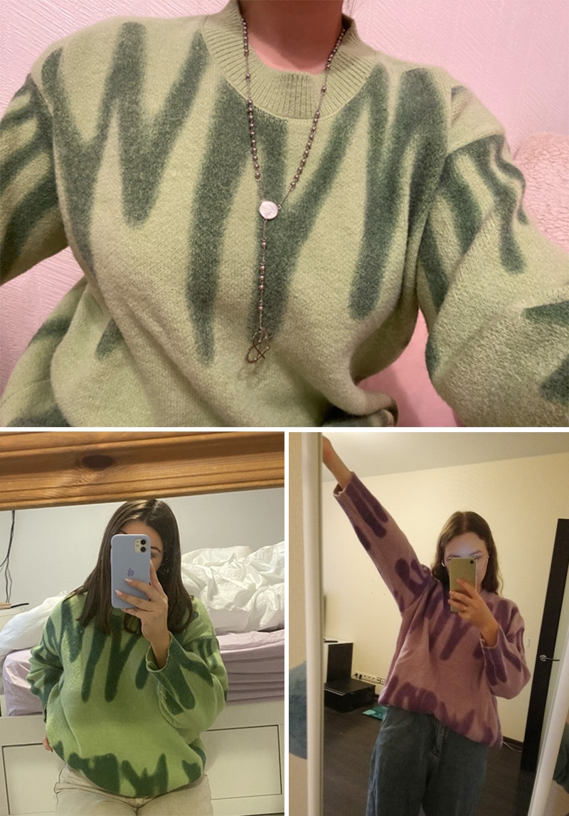 Elegant Green Striped Print Oversized Pullovers Women Winter O-Neck Loose Long Sweaters Streetwear Warm Outerwear 2021