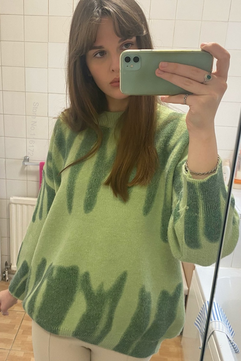 Elegant Green Striped Print Oversized Pullovers Women Winter O-Neck Loose Long Sweaters Streetwear Warm Outerwear 2021