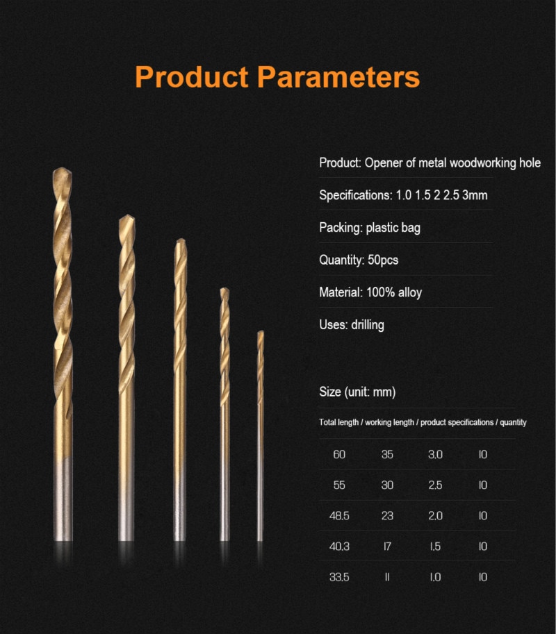 200/100Pcs 1/1.5/2.0/2.5/3mm Titanium Coated Twist Drill Bit High Steel for Woodworking Plastic And Aluminum HSS Drill Bit Set