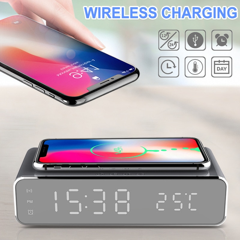 Electric Alarm Clocks With Telphone Fast Wireless Charger Digital Thermometer LED HD Mirror Clocks Supports IOS/Android/Windows