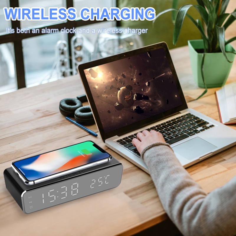 Electric Alarm Clocks With Telphone Fast Wireless Charger Digital Thermometer LED HD Mirror Clocks Supports IOS/Android/Windows