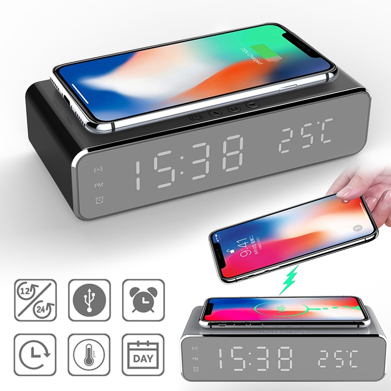 Electric Alarm Clocks With Telphone Fast Wireless Charger Digital Thermometer LED HD Mirror Clocks Supports IOS/Android/Windows