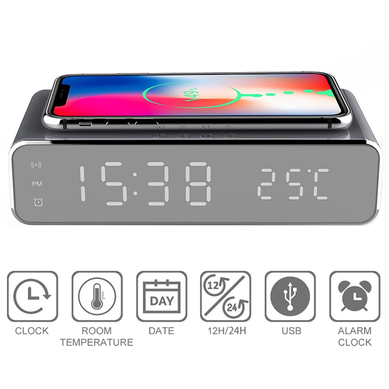 Electric Alarm Clocks With Telphone Fast Wireless Charger Digital Thermometer LED HD Mirror Clocks Supports IOS/Android/Windows