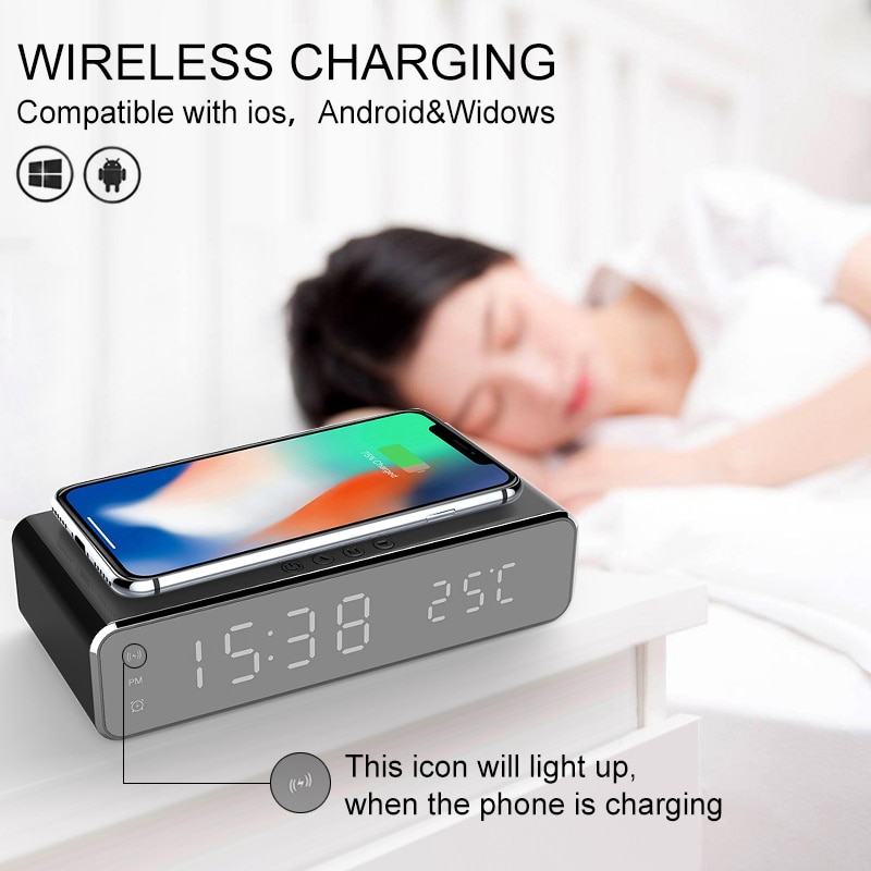 Electric Alarm Clocks With Telphone Fast Wireless Charger Digital Thermometer LED HD Mirror Clocks Supports IOS/Android/Windows